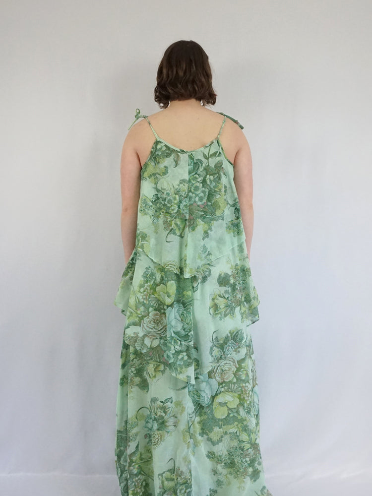 Green Floral Layered Dress - M