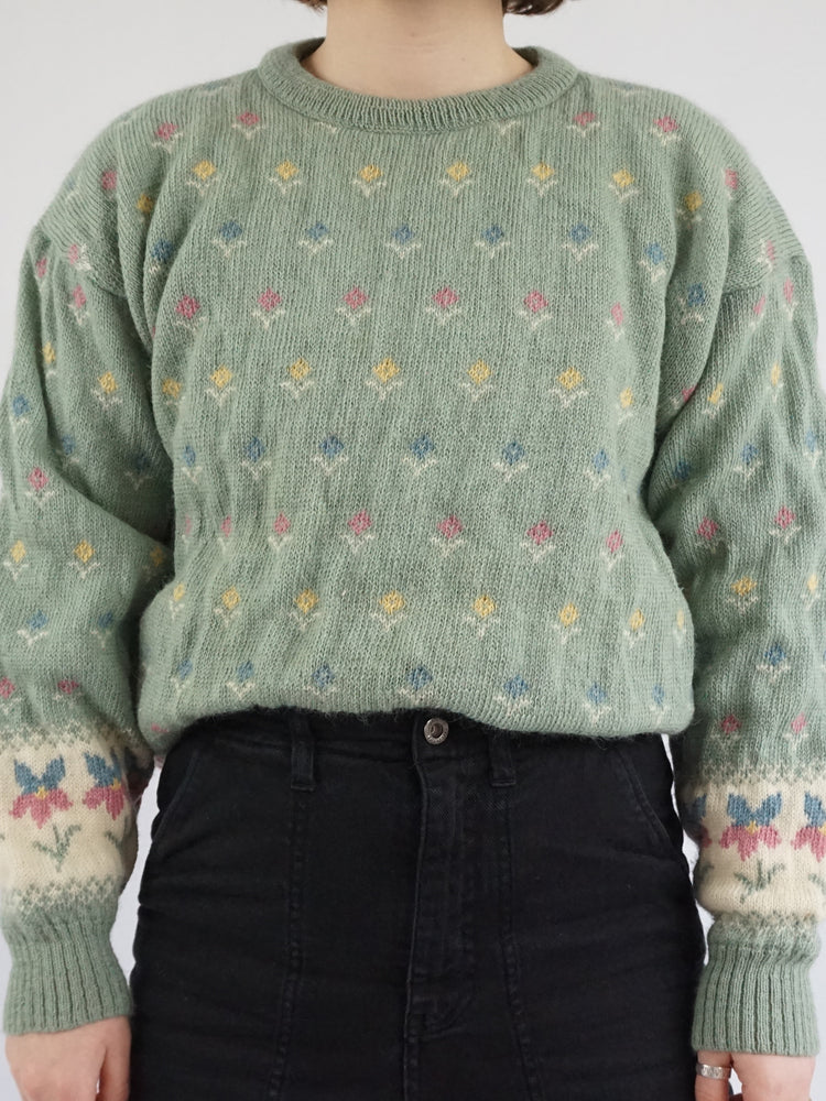 Sage Green Floral Jumper - M