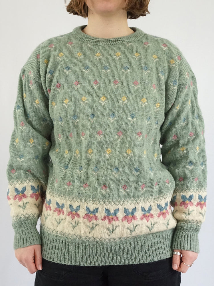 Sage Green Floral Jumper - M