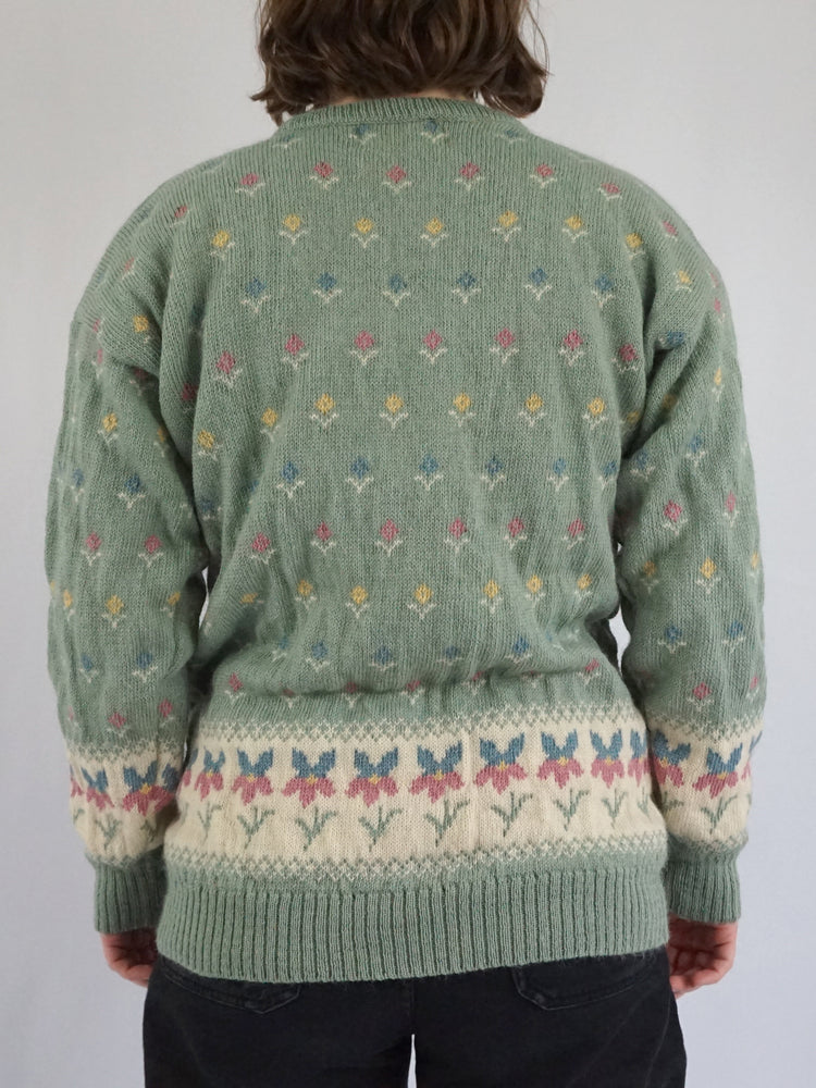 Sage Green Floral Jumper - M