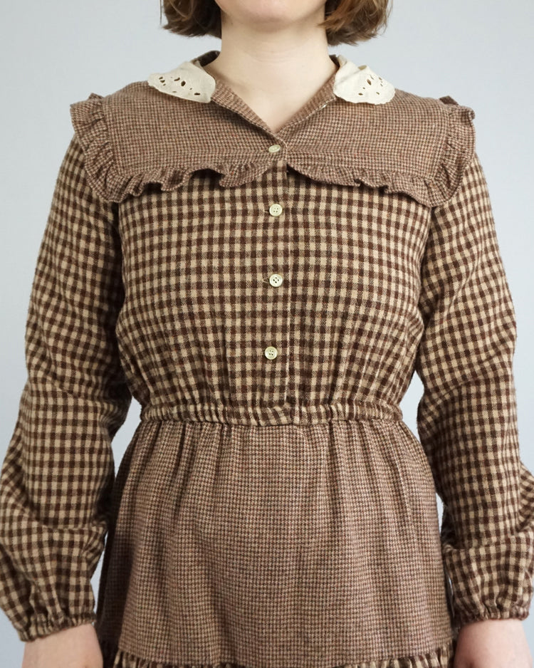 Brown Checkered Tiered Wool Dress - S