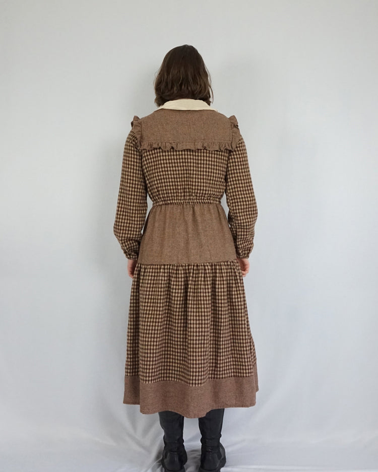 Brown Checkered Tiered Wool Dress - S