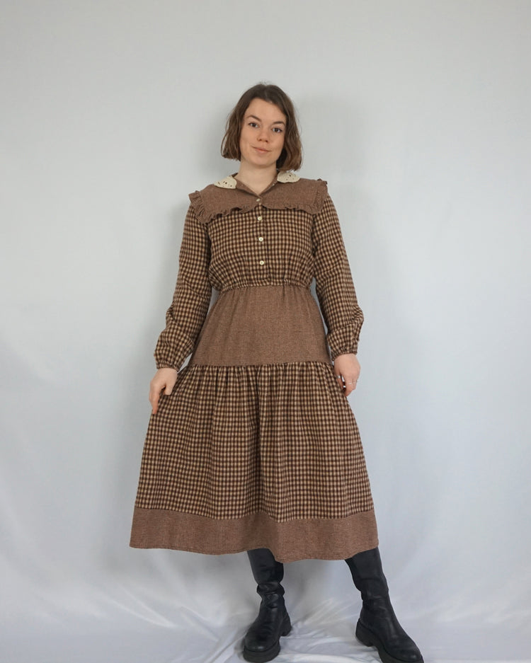 Brown Checkered Tiered Wool Dress - S