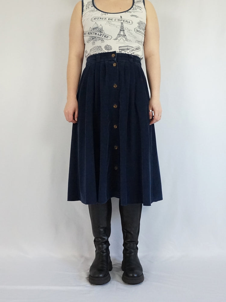 Navy Blue Corduroy Midi Skirt - 29-31"