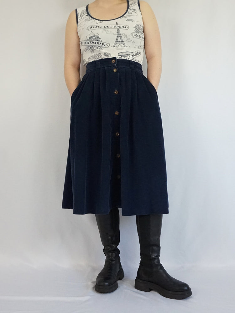 Navy Blue Corduroy Midi Skirt - 29-31"