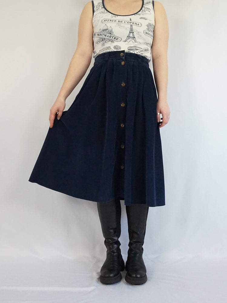 Navy Blue Corduroy Midi Skirt - 29-31"