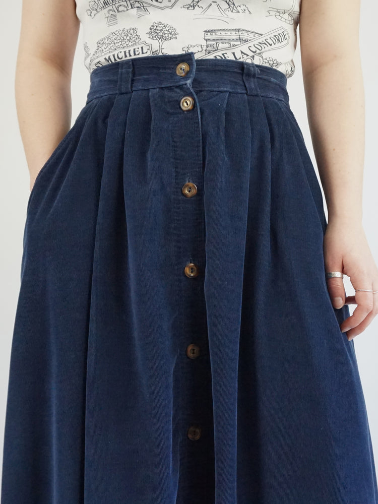 Navy Blue Corduroy Midi Skirt - 29-31"