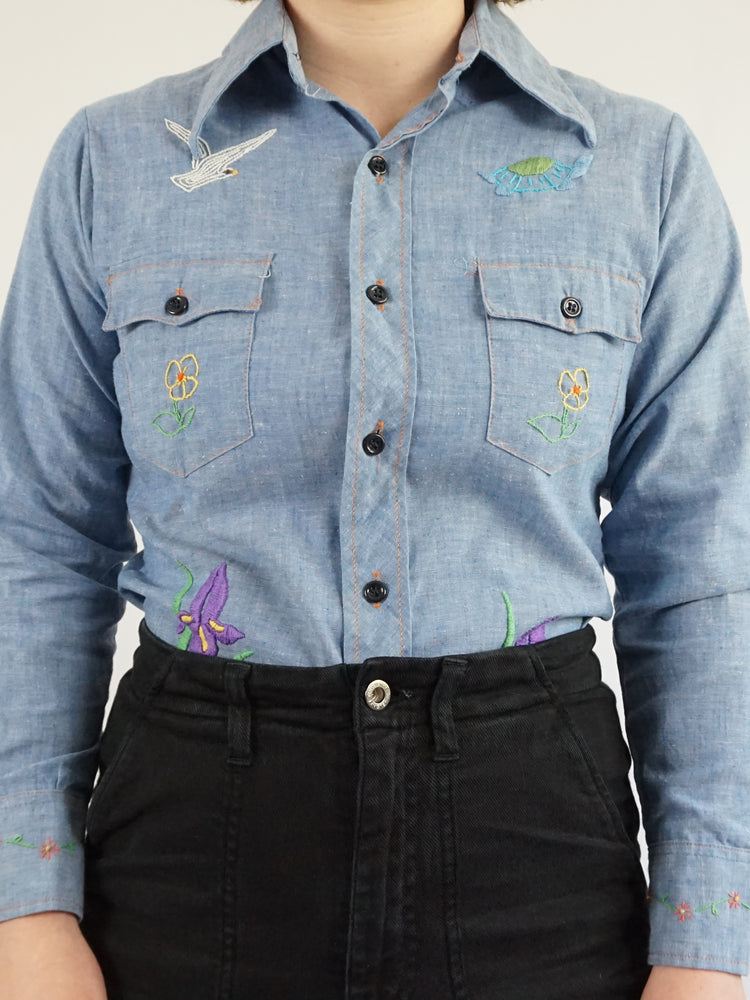 Funky Embroidered Denim Shirt - S