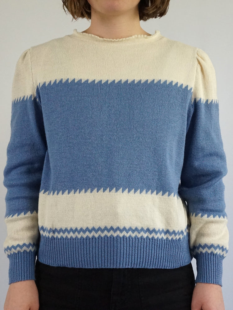 Blue & White Puff Sleeve Jumper - M