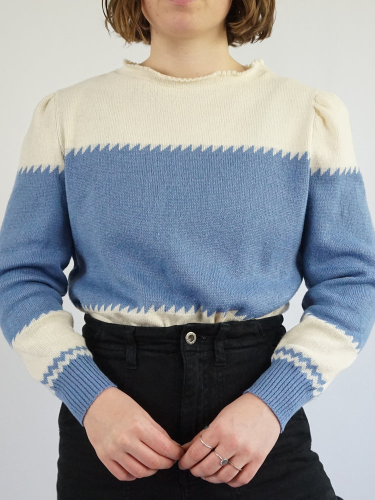 Blue & White Puff Sleeve Jumper - M