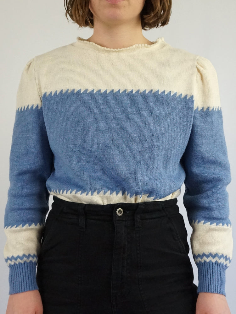 Blue & White Puff Sleeve Jumper - M