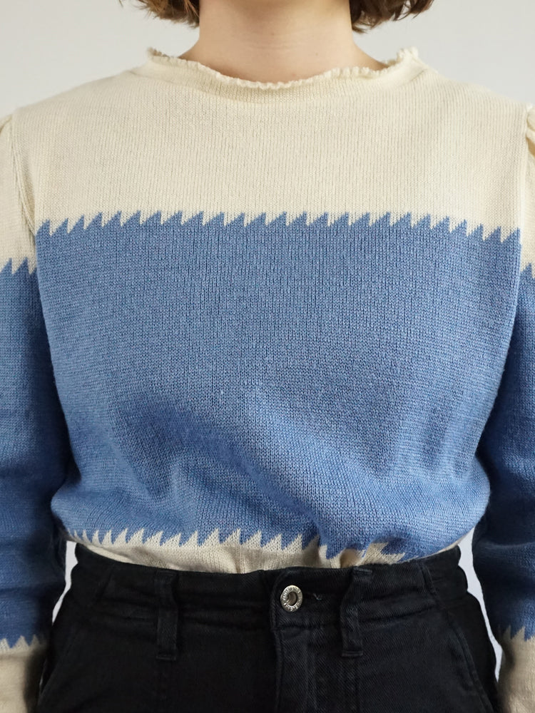 Blue & White Puff Sleeve Jumper - M