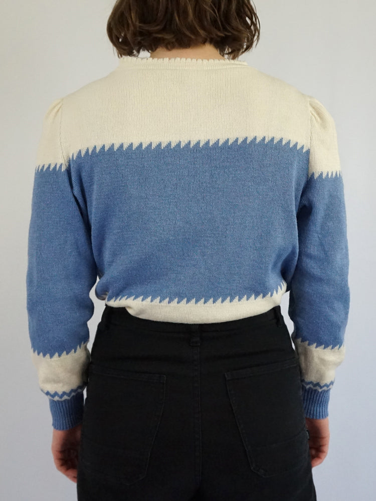 Blue & White Puff Sleeve Jumper - M