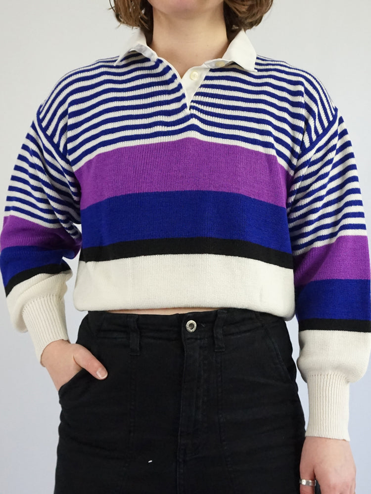 Blue & Purple Striped Polo Jumper - M