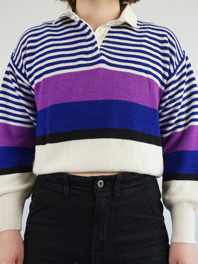 Blue & Purple Striped Polo Jumper - M