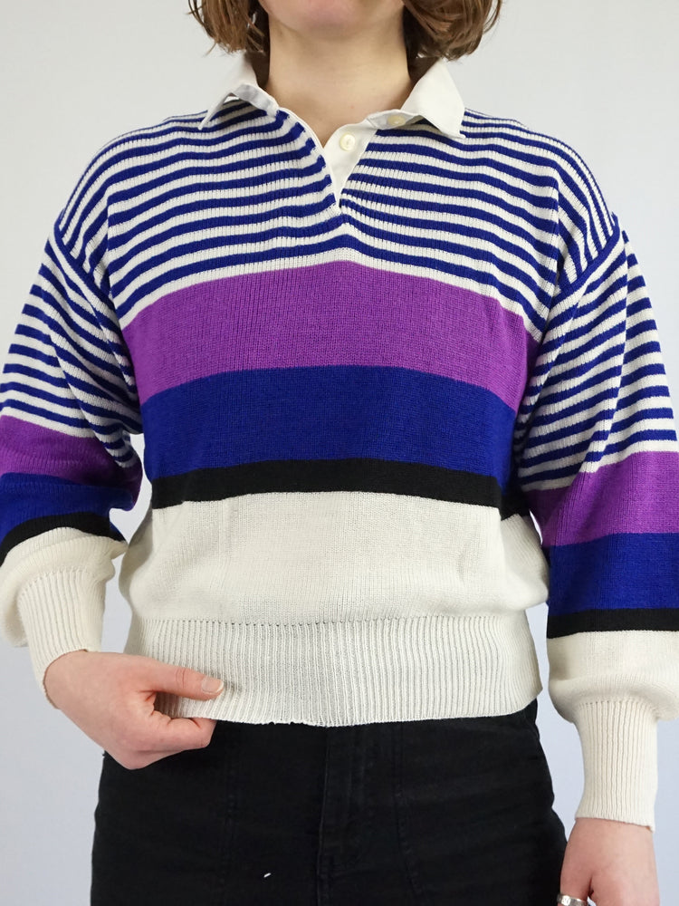 Blue & Purple Striped Polo Jumper - M