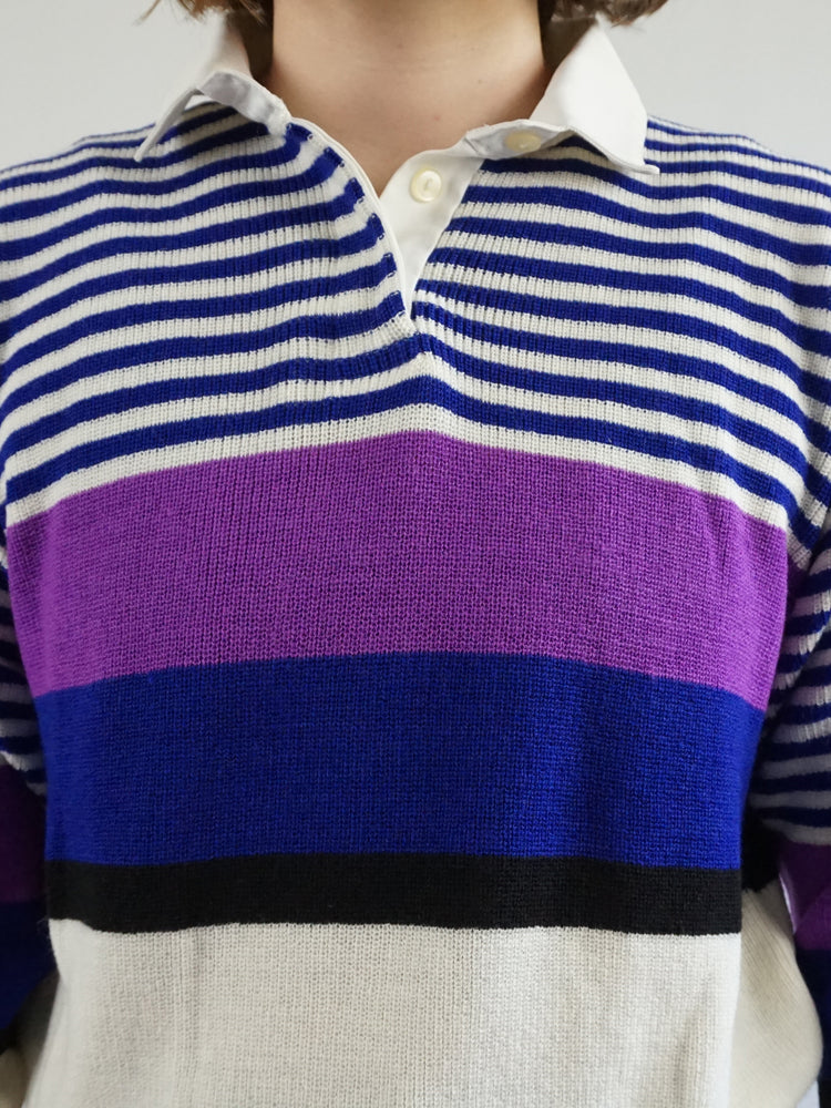 Blue & Purple Striped Polo Jumper - M