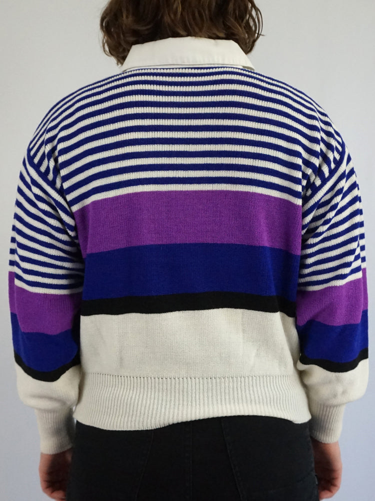 Blue & Purple Striped Polo Jumper - M