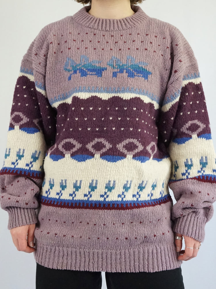 Lilac Patterned Wool Jumper - XL