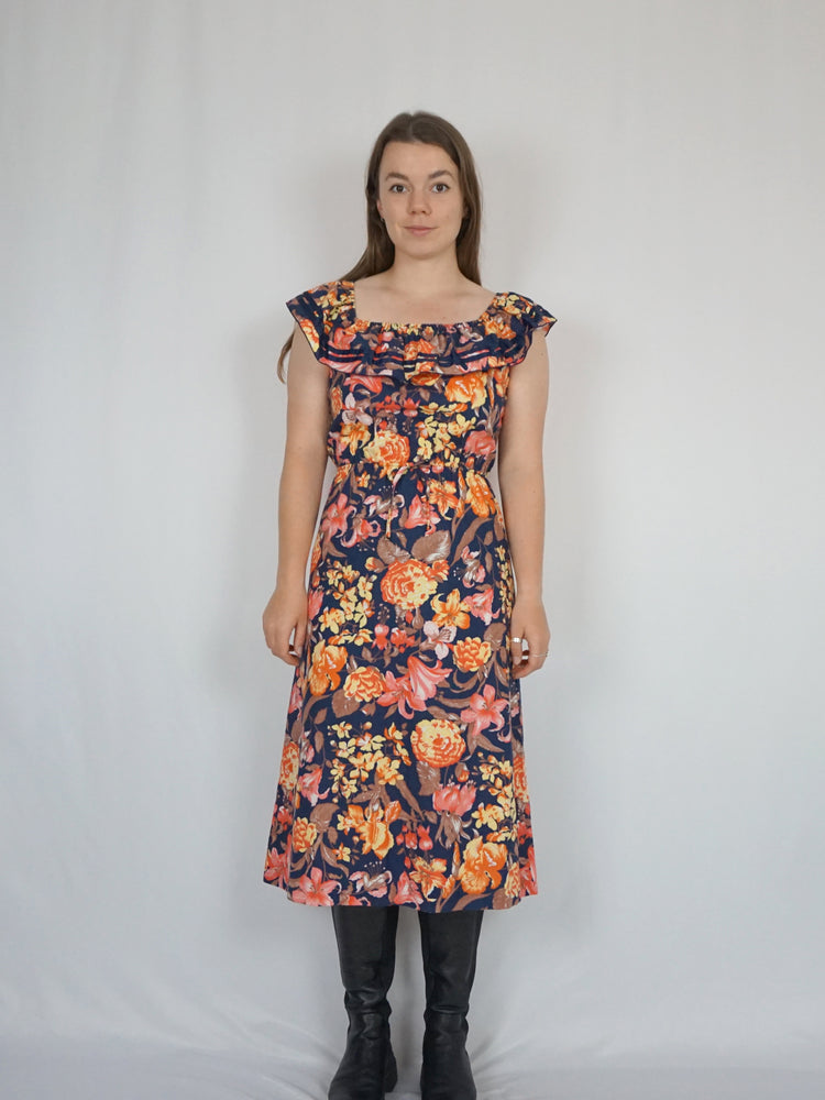 Navy Floral Midi Dress - S