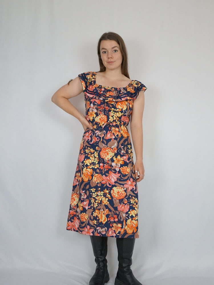 Navy Floral Midi Dress - S