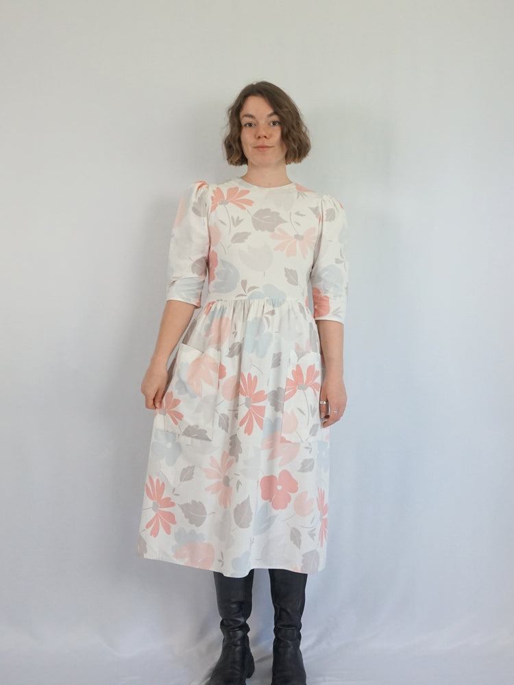 Pastel Floral Leaf Cotton Dress - S