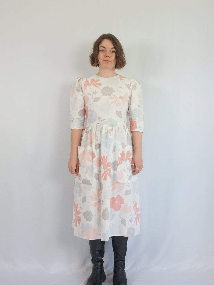 Pastel Floral Leaf Cotton Dress - S