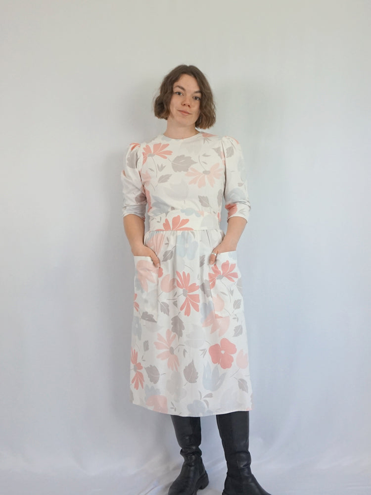 Pastel Floral Leaf Cotton Dress - S