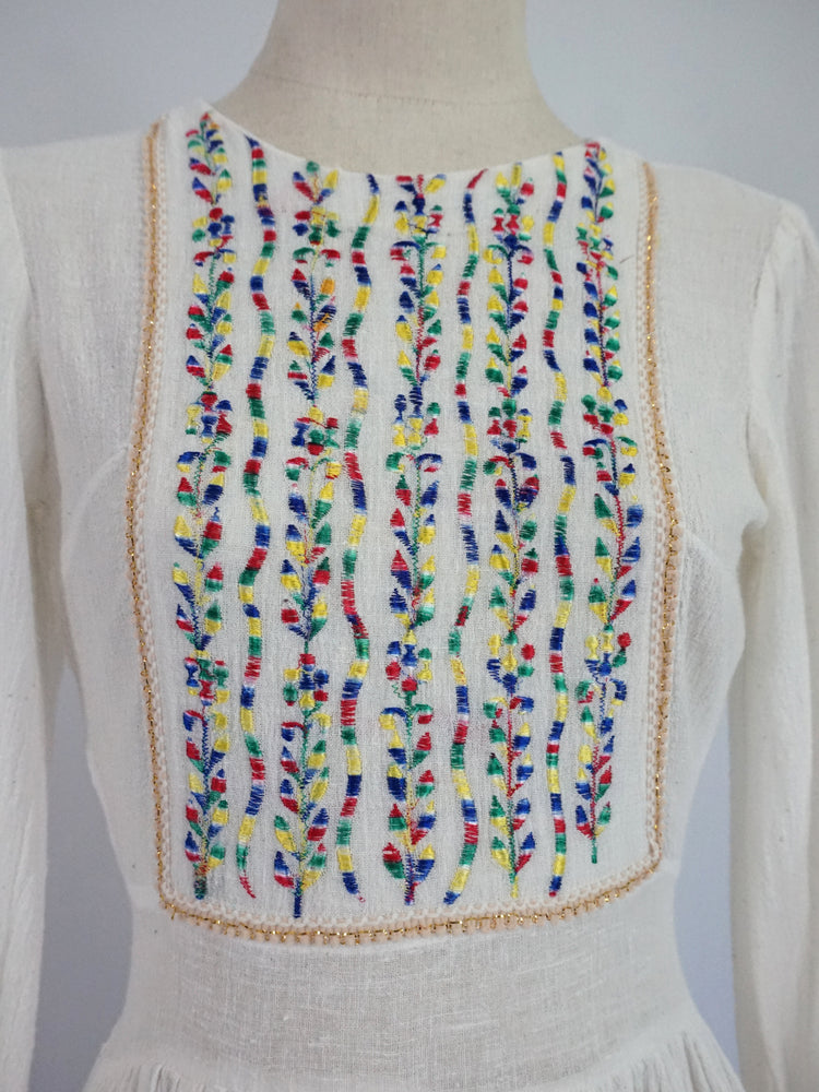 White Indian Cotton Embroidered Dress - XS