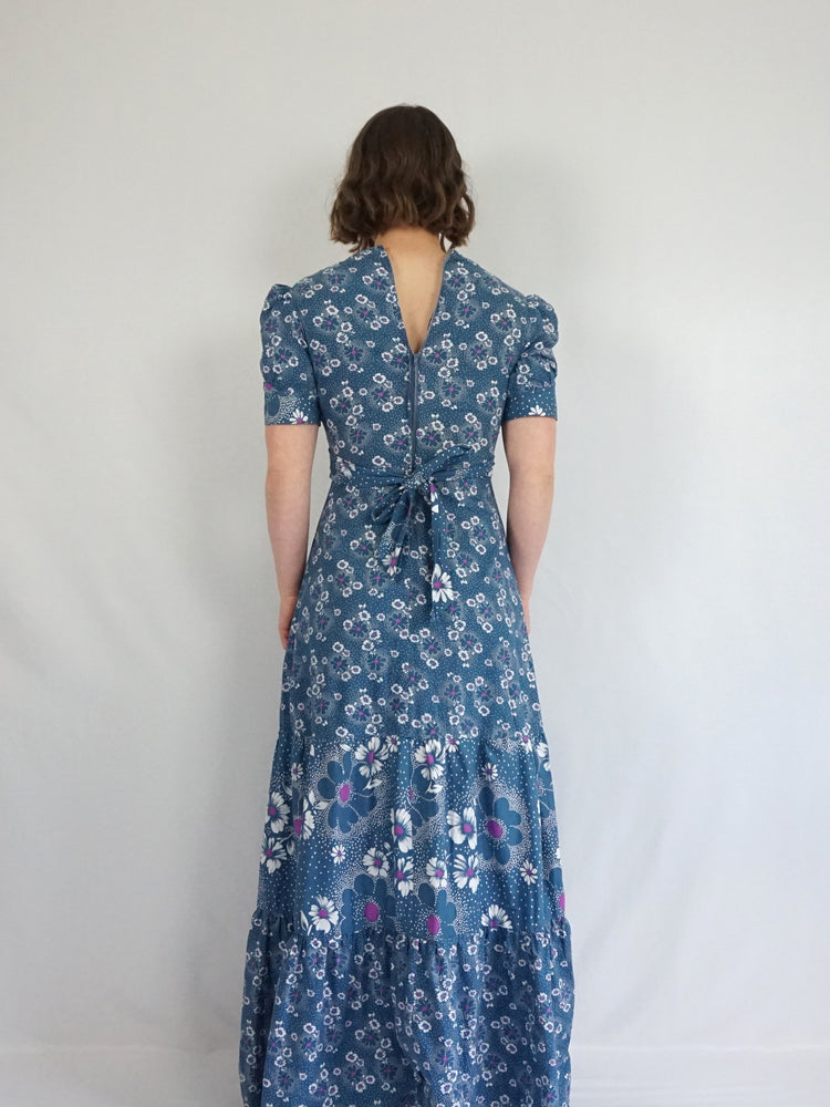 Blue Floral Tiered Maxi Dress - S