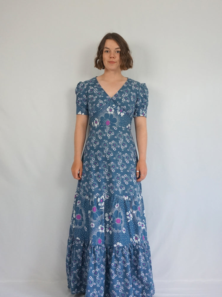 Blue Floral Tiered Maxi Dress - S