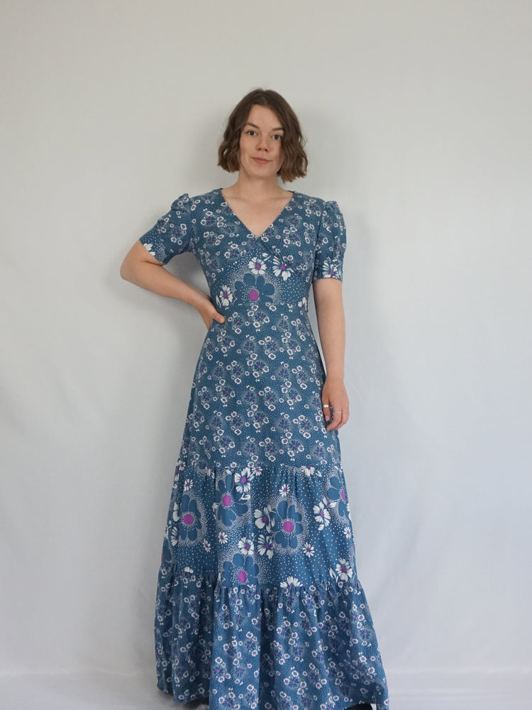 Blue Floral Tiered Maxi Dress - S