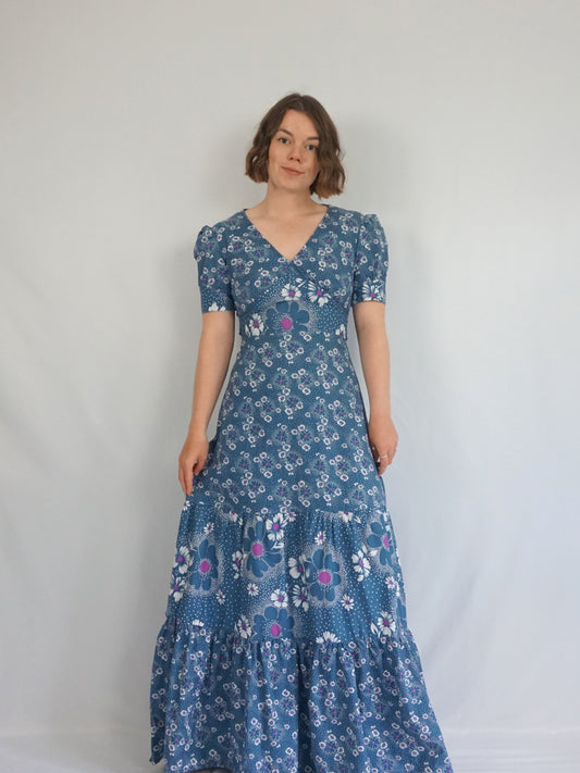 Blue Floral Tiered Maxi Dress - S