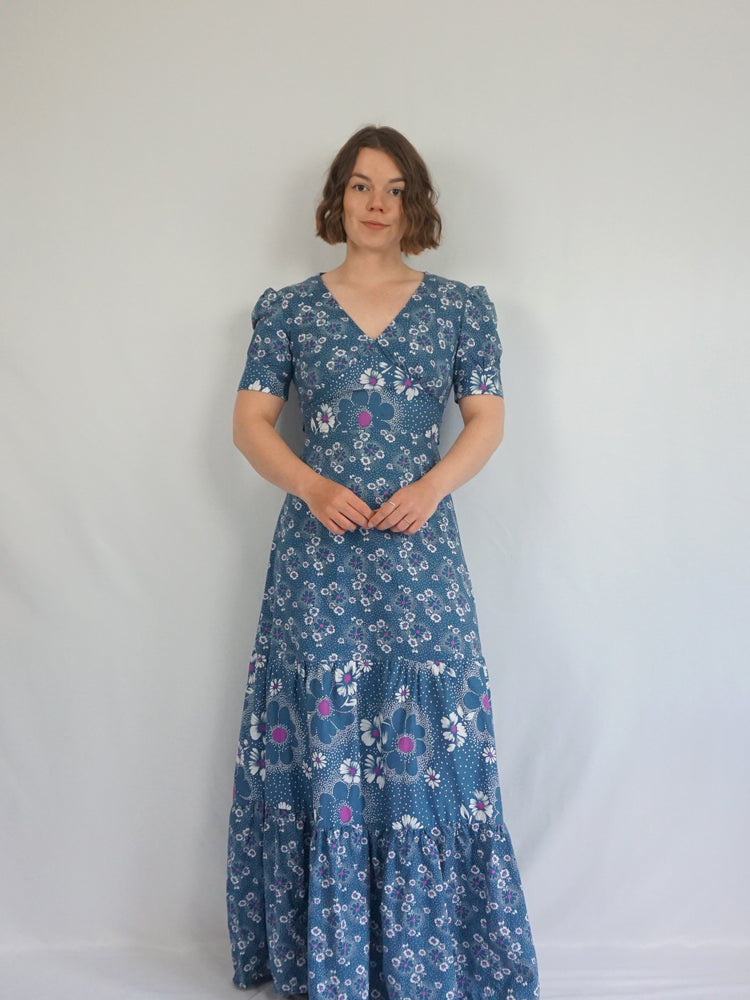 Blue Floral Tiered Maxi Dress - S