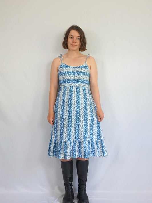 Blue & White Floral Cotton Sundress - S