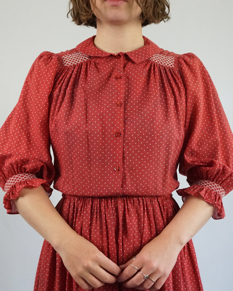 Red Polka Dot Smocked Dress - S