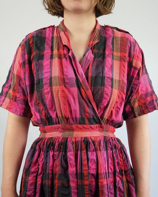 Pink & Black Checkered Wrap Dress - S