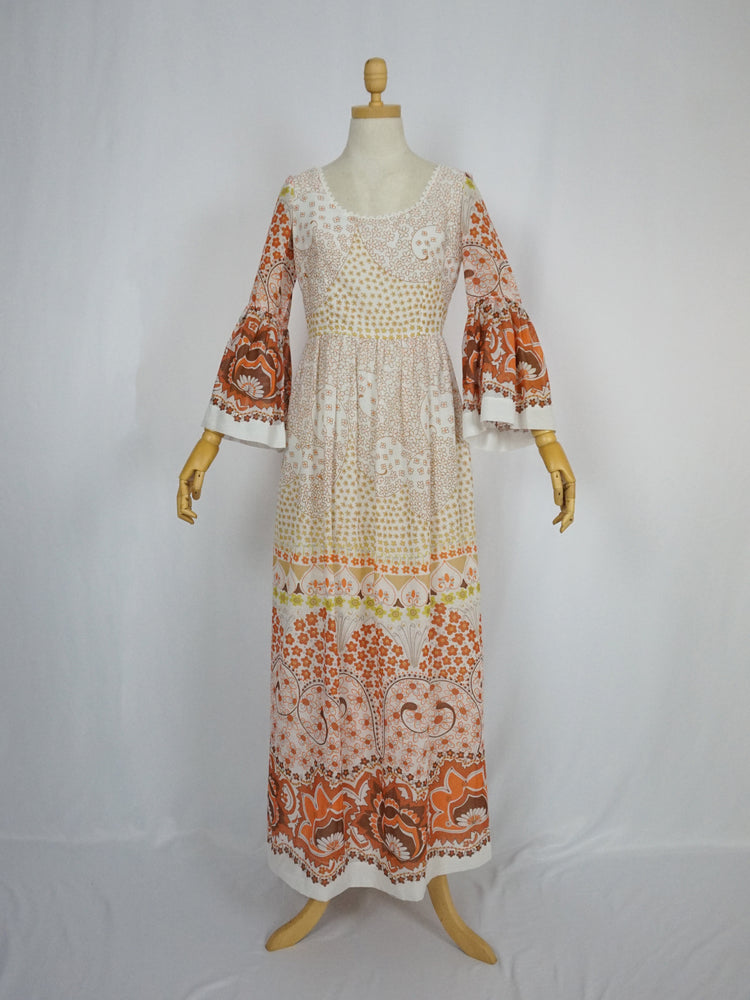 Orange Floral Trumpet Sleeve Maxi Dress - S