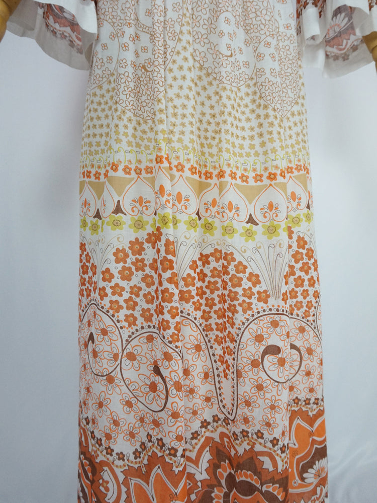 Orange Floral Trumpet Sleeve Maxi Dress - S