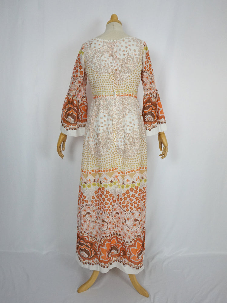 Orange Floral Trumpet Sleeve Maxi Dress - S