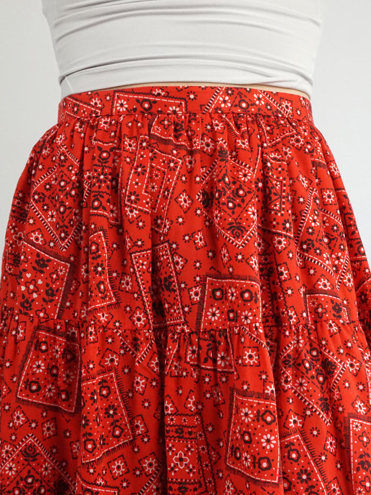 Red Tiered Patchwork Skirt - 33"