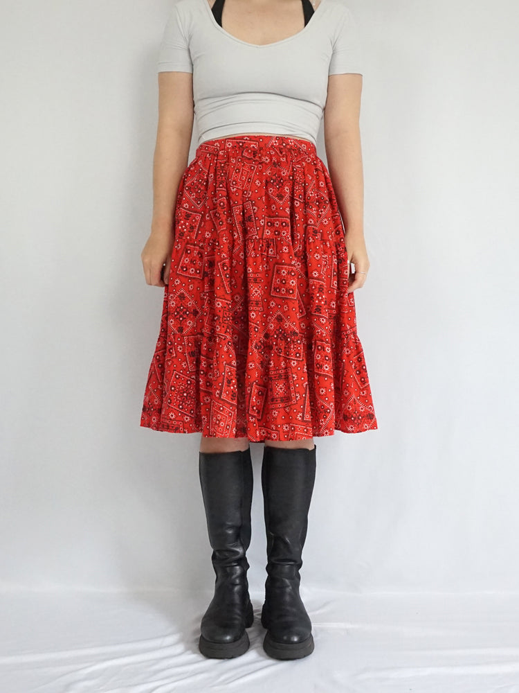 Red Tiered Patchwork Skirt - 33"