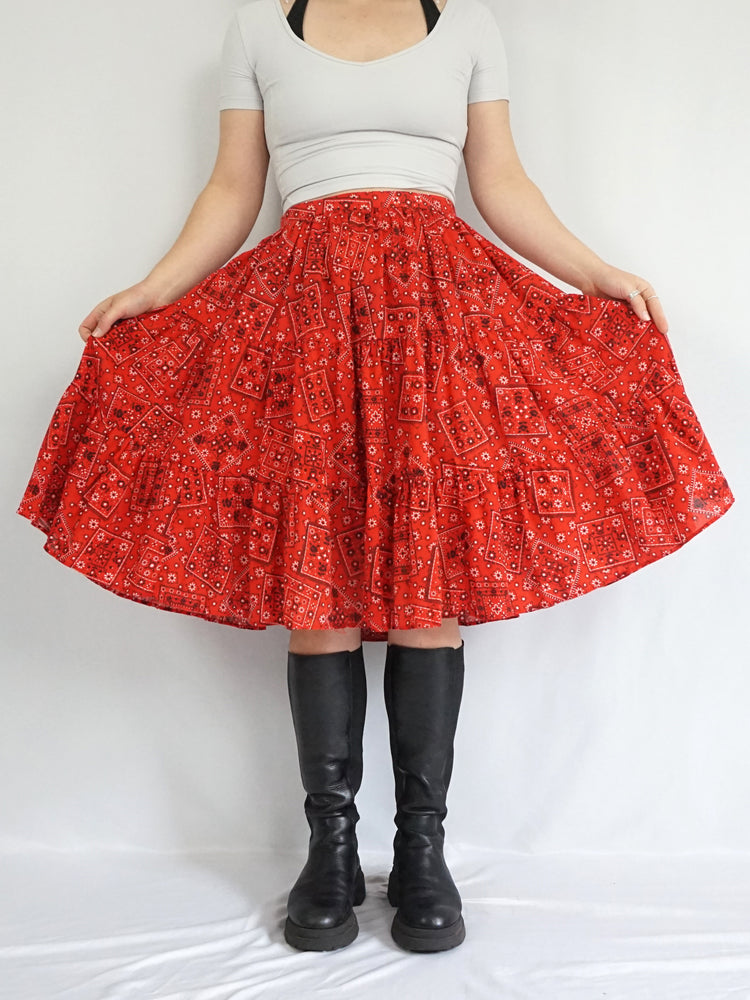 Red Tiered Patchwork Skirt - 33"