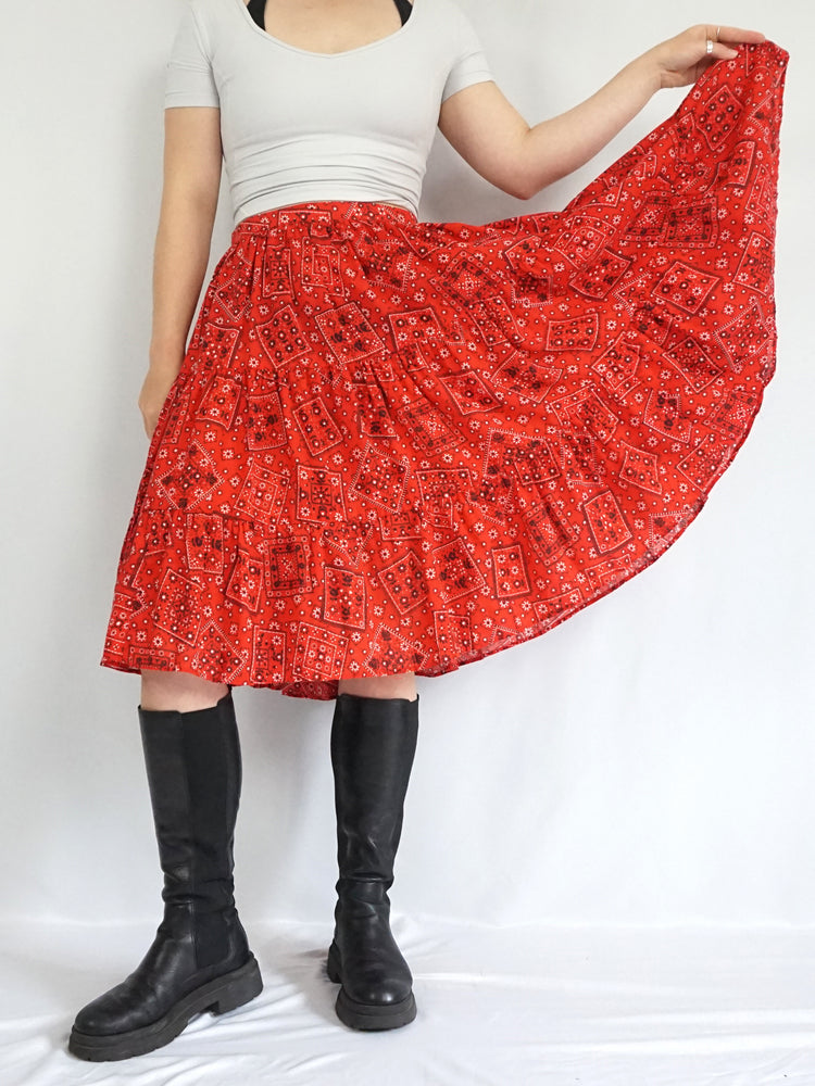 Red Tiered Patchwork Skirt - 33"