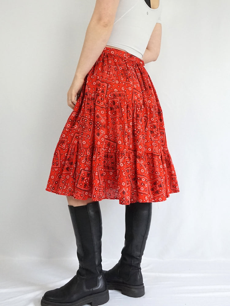 Red Tiered Patchwork Skirt - 33"