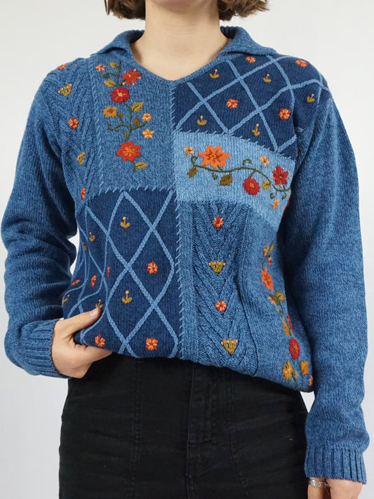 Blue Embroidered Cotton Jumper - M