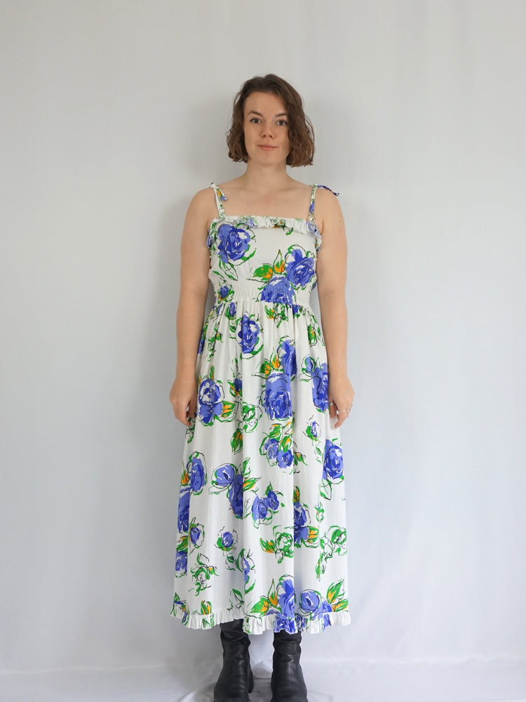 Floral Shirred Waist Cotton Dress - M