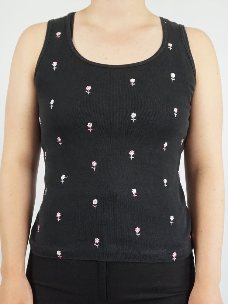 Black Sunflower Embroidered Vest Top - S