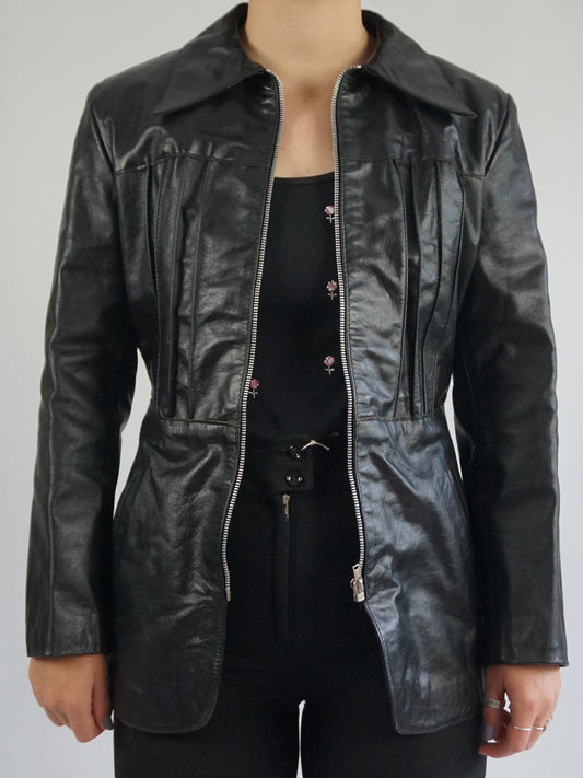 70s Black Leather Jacket - XS/S