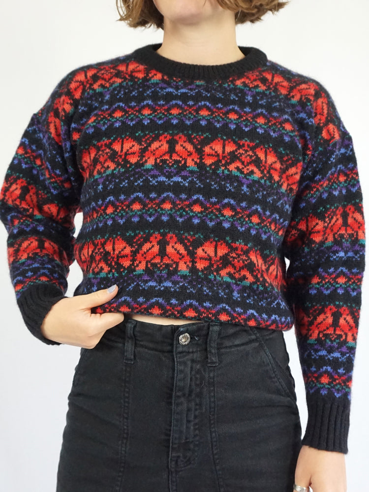 Wool Bird Patterned Jumper - S